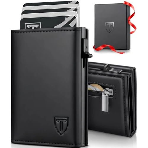 TENBST Portafoglio Uomo Slim in Pelle Naturale | Portacarte Elegante e Compatto con Tecnologia Magnetica | Porta Carte di Credito Uomo e Porta Tessere Uomo con Portamonete Integrato