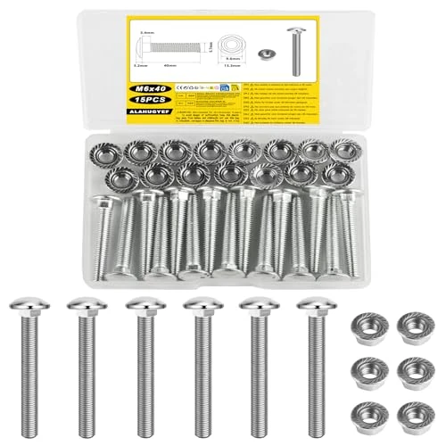 15 Pz M6 Bulloni per Carrozze, M6 x 40 mm Viti a Testa Tonda, Vite a Testa Tonda Quadrata, Bullone a Quadro Sottotesta con Dado Flangia Esagonale, Viti Bulloni per Carrozze