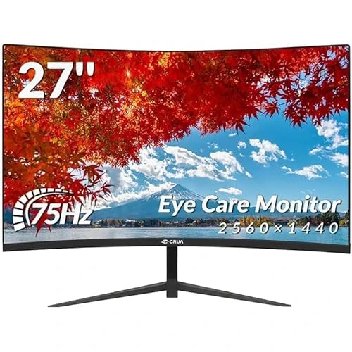 CRUA Monitor de juegos, 27" 75HZ Monitor curvo para ordenador, 1440P 1800R sin marco, 1ms GTG con FreeSync, bajo desenfoque de movimiento, Eye Care, VESA, Display Port, HDMI, Negro