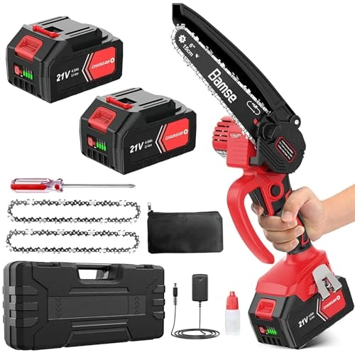 Bamse Mini-kettingzaag met accu 8000 mAh, accu-kettingzaag 15 cm met 2 accu's, 2 kettingen, 10 m/s kettingsnelheid, elektrische kettingzaag voor boomtakken, binnenplaats, huishouden en tuin