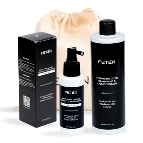 FETN Anti-Hair Loss Set voor mannen met shampoo tegen haaruitval 400 ml en serum spray 100 ml, haargroei versnellen, volume-effect, haarkuur en haarserum, haargroeimiddel voor heren