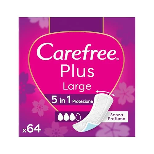 Offerta a tempo: Carefree Salvaslip Plus Large Senza Profumo, Salva slip donna extra ampio con protezione 5in1 per 8h di sensazione di asciutto, Assorbenti senza profumo ultra sottili per uso quotidiano, 64 salvaslip - 48% da 7.99 € a 4.19 €