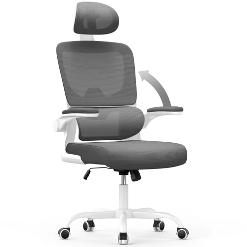 naspaluro Chaise de bureau ergonomique avec support lombaire adaptatif en forme de C, appuie-tête réglable, accoudoirs rabattables, fauteuils de bureau en maille respirante pour bureau, maison, gris