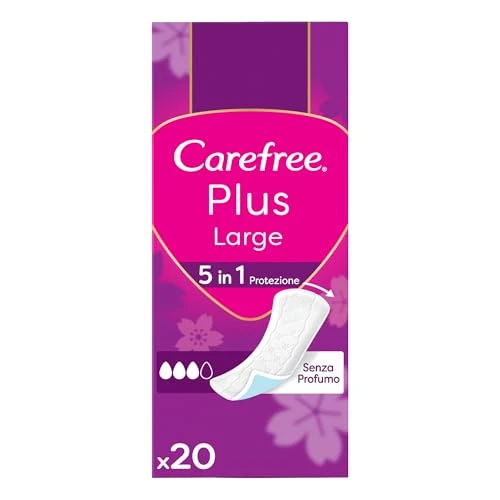 Offerta a tempo: Carefree Salvaslip Plus Large Senza Profumo, Salva slip donna extra ampio con protezione 5in1 per 8h di sensazione di asciutto, Assorbenti senza profumo ultra sottili per uso quotidiano, 20 salvaslip - 0.00% da 2.39 € a 2.39 €