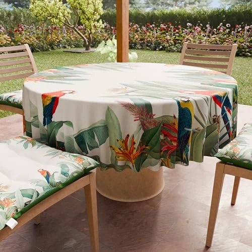 PETTI Artigiani Italiani Okrągły obrus z mikrofibry (średnica Ø 140 cm), obrus kuchenny do okrągłego stołu, papugi, 100% wyprodukowano we Włoszech