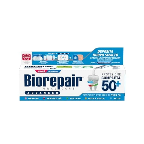 Offerta a tempo: Biorepair, Dentifricio Advanced Protezione Completa 50+, Per Adulti Over 50, Con MicroRepair, Probiotici e Estratti Antiossidanti, Senza Fluoro, 75ml - 34% da 5.45 € a 3.59 €