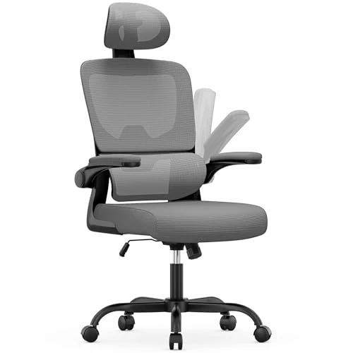 naspaluro Silla de oficina ergonómica con soporte lumbar adaptable en forma de C, reposacabezas ajustable, reposabrazos abatibles, sillones de oficina de malla transpirable para escritorio, casa, gris