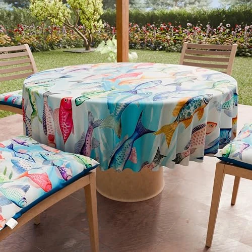 PETTI Artigiani Italiani - Nappe Ronde Anti-Tache Microfibre (Diamètre Ø 180 cm), Nappes en Tissu de Cuisine pour Table Ronde, Motif Poissons, 100% Fabriqué en Italie