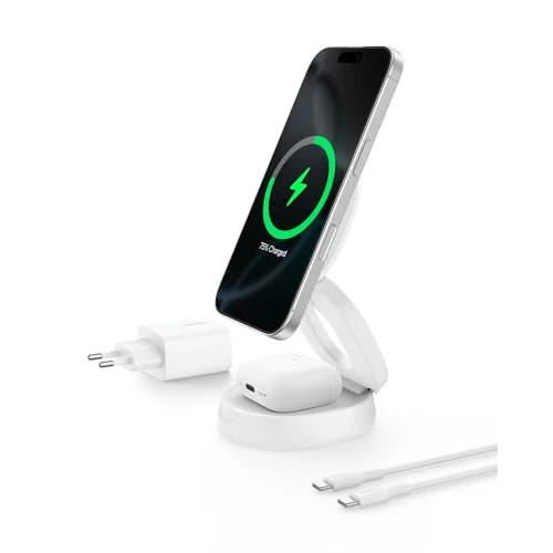 Offre limitee: Belkin BoostCharge Chargeur 2-en-1 aimanté et Pliable, Station de Recharge Compatible MagSafe, certifié Qi2, 15 W, pour iPhone 17, iPhone Air, AirPods, Pixelsnap, Adaptateur 30 W Inclus - Blanc de 59.99 EUR a 37.99 EUR (economie 37%)