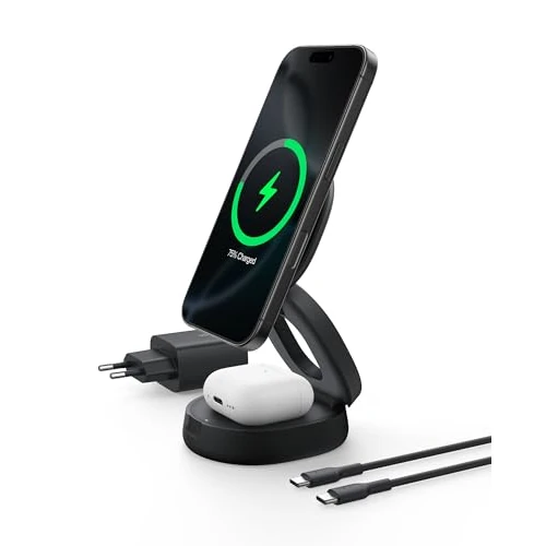 Offerta a tempo: Belkin 2 in 1 Caricatore Wireless, Stazione di Ricarica Wireless 15 W, Caricatore Qi2 con MagSafe per iPhone 16 e AirPods, base piena antiscivolo, alimentatore da 30W - Nero - 38% da 59.99 € a 36.99 €