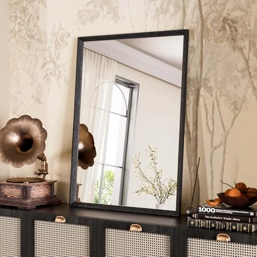 WEER Zwarte Badkamerspiegel, 50x70cm Rechthoekige Wandspiegel, Vintage Frame Decoratief voor Badkamer, Slaapkamer, Woonkamer, Horizontaal of Verticaal Ophangen