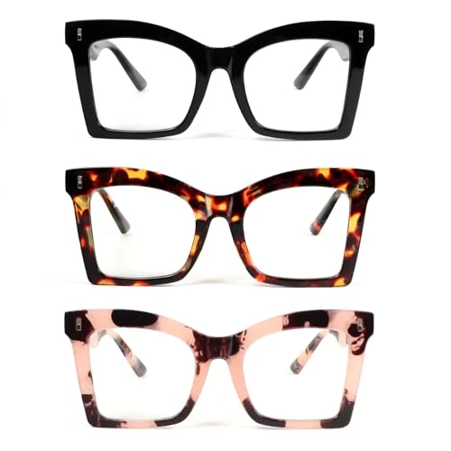 Offerta a tempo: KoKoBin 3 confezioni di occhiali da lettura quadrati da donna oversize con cerniera a molla anti luce blu occhiali (Confezione da 3, 2.5, x) - 44% da 15.99 € a 8.95 €