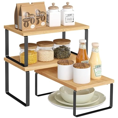 Offerta a tempo: SONGMICS Organizzatori Armadio da Cucina, Set di 3 Scaffali da Banco, Impilabili, Portaspezie Espandibile, in Metallo e Legno Ingegnerizzato, Nero Inchiostro e Beige Naturale KCS014YL03 - 20% da 25.99 € a 20.79 €