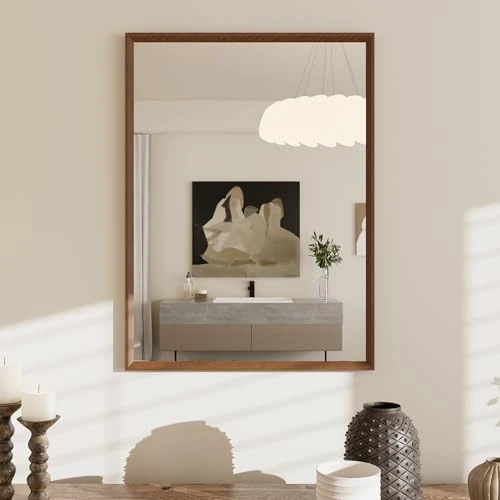 WEER Specchio da Parete Vintage, 50x70 cm Cornice Polimero Specchio da Bagno Marrone con Effetto Legno Impermeabile Specchi Decorativo Rettangolare per Camera Letto Soggiorno Orizzontale o Verticale