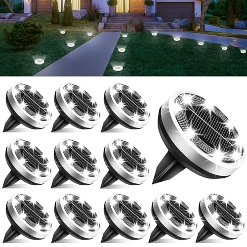 Zeitlich begrenztes Angebot: 12 Stück Solar Bodenleuchten Aussen, 8 LEDs Solarlampen Garten, Kaltweiß von 16.99 € auf 14.44 € (15% Rabatt)