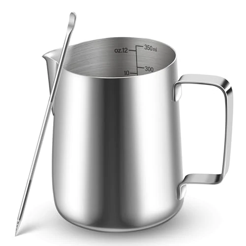 Vonsera Jarra de Leche de 350 ml/12 oz de Acero Inoxidable, Jarra Leche Barista Calentador de Leche Jarra Espumadora de Leche Con Marca de Medición Bolígrafo Arte con Leche Ara Capuchino