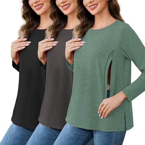 Oferta limitada: Love2Mi Pack de 3 camisetas de lactancia para mujer con cremallera, sueltas de maternidad, manga larga, ropa de maternidad, invierno, Negro + antracita + verde jaspeado, XL de 46.42 € a 46.42 € (ahorro 0.00%)