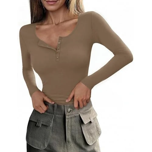Totatuit Women's Long-Sleeved Shirt with Button-Front, Round Neck, Elegant Tops, Ribbed Stretch T-Shirt, Long-Sleeved Sweater, Cotton, Sexy, Basic Tops, Casual Khaki S