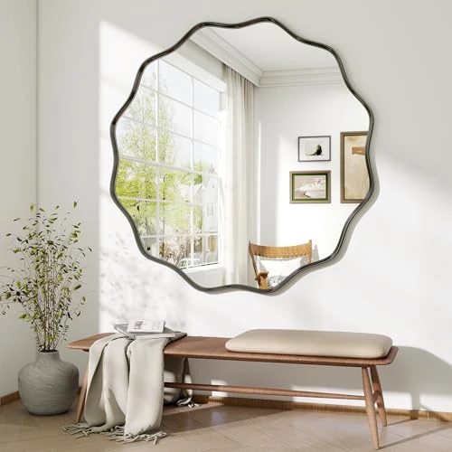 Oferta limitada: BEAUTYPEAK Espejo redondo de 106 cm, espejo de pared redondo ondulado, espejo de baño, marco de metal, fácil de montar, moderno para baño, salón, dormitorio, pasillo, entrada de 123.27 € a 56.64 € (ahorro 54%)