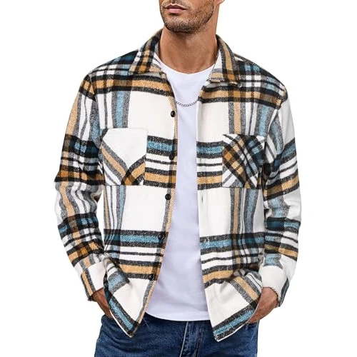 COOFANDY Flanellhemd Männer Kariert Langarmhemd Lässig Button Down Freizeithemd Winterhemden mit Brusttasche Weiß Blau L