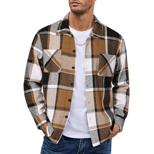 Limitiertes Angebot: COOFANDY Flanellhemd Männer Kariert Langarmhemd Lässig Button Down Freizeithemd Winterhemden mit Brusttasche Khaki Grau S von 32.99 EUR auf 23.09 EUR (Spare 30%)