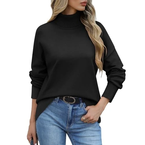 heekpek Damskie swetry z golfem dzianinowe grube swetry z długim rękawem workowate damskie ciepłe jesienne zimowe sweter pulower topy, Czarny, L
