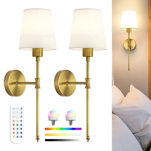 Limited-time offer: Rechargeable Wall Sconce Lights Set of 2 – Wireless or Hardwired Installation, 57cm Tall Vintage Fabric Shade, Magnetic RGB Bulb with Remote, Wall Lights for Bedroom & Living Room, Gold from 59.99 £ to 29.99 £ (save 50%)