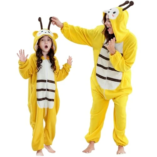 HAHASHOW Piżama kombinezon dla dorosłych z kapturem, miękka flanela, dla mężczyzn, kobiet, urocze zwierzęta (styl Halloween), kombinezon unisex na zimę i święta, Pszczoła, S