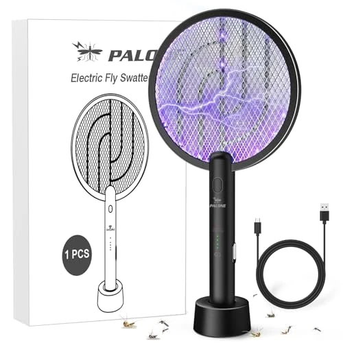 PALONE Electric Fly Swatter, 4000V Rechargeable Mosquito Fruit Fly Killer, 2 Mode Bug Zapper Racket, UV Bug Catcher with TYPE-C Cable Stand Base, Indoor Home Outdoor Backyard Terrace Camping (Black*1)