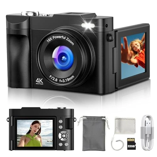 Digitale camera, 4 K, digitaal: 48 MP, digitale apparaten met 180 graden inklapbaar display, camera voor vlog met kaart 32 GB, voor jongeren, beginners, volwassenen, kinderen