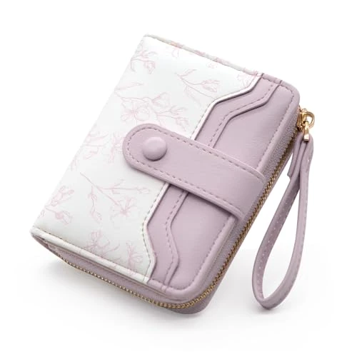 YAMEIZE Women Purse Bifold Leather Small Wallet Ladies Floral Print with Wrist Strap Zipper Around Coin Purses Credit Card Holder ID Window