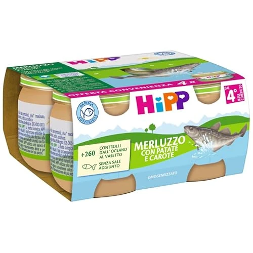 HiPP Omogeneizzato Multipack Merluzzo con Carote e Patate, Omogeneizzato di Pesce per Neonati, Senza glutine, Senza Sali e Aromi Aggiunti, 24 vasetti da 80 g