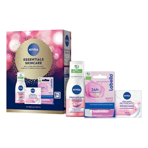 Offerta a tempo: NIVEA Essentials Skincare Kit cofanetto regalo donna, Set regalo donna con Crema Viso Idratante Nutriente 50 ml, Struccante Occhi Waterproof 125 ml e Burrocacao Labbra Labello Soft Rosé 4.8 g - 36% da 14.99 € a 9.57 €