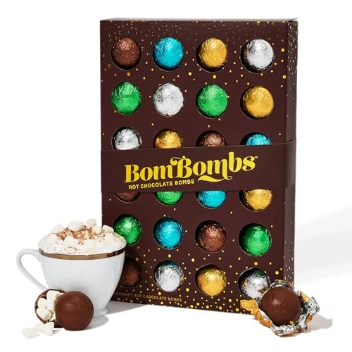 BomBombs, bombes de chocolat chaud, comprenant des bombes au chocolat fourrées à la guimauve, aux saveurs brownie au fudge, caramel, s'mores, cookies & cream et menthe poivrée, lot de 24