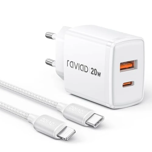 Offerta a tempo: RAVIAD Caricatore iPhone, 20W Caricatore USB C Caricabatterie iPhone e 1M Cavo USB C a Lightning per iPhone 14 Pro Max Plus 13 12 11 XS XR X SE 8, Rapido Spina Muro Adattatore AlimentatorePresa Carica - 43% da 13.99 € a 7.99 €