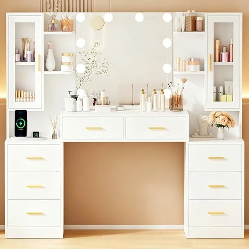 Offerta a tempo: ANWBROAD Grande Toletta Trucco con Luci LED e Prese 150x135x40cm, Bianca - 5% da 129.99 € a 123.49 €