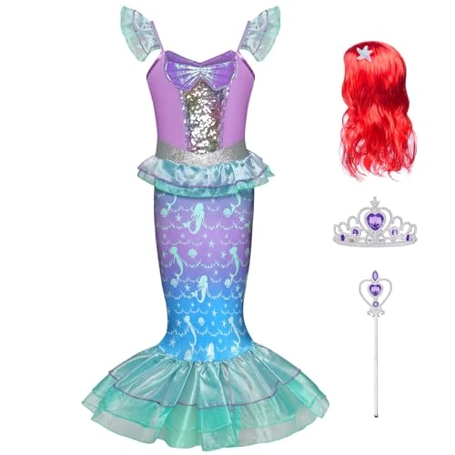 Oferta ograniczona: Kostium syrenki dla dzieci, sukienka księżniczki, syrenka, zestaw z koroną peruką i magiczną różdżką, kostium syrenki, na Halloween, karnawał, sukienka księżniczki z 59.99 EUR na 59.99 EUR (znizka 0%)