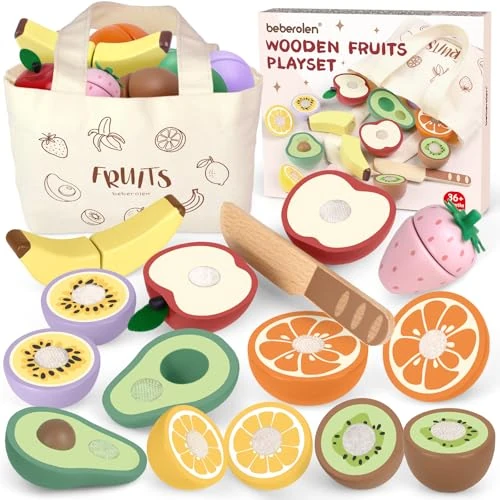Limited-time offer: Beberolen Wooden Play Food Set for Children Kitchen Cutting Fruits and Veg Fake Food Toys for Toddlers Pretend Role Play Kitchen Accessories Educational Learning Gifts for Kids Boys and Girls from 19.99 GBP to 19.99 GBP (save 0%)