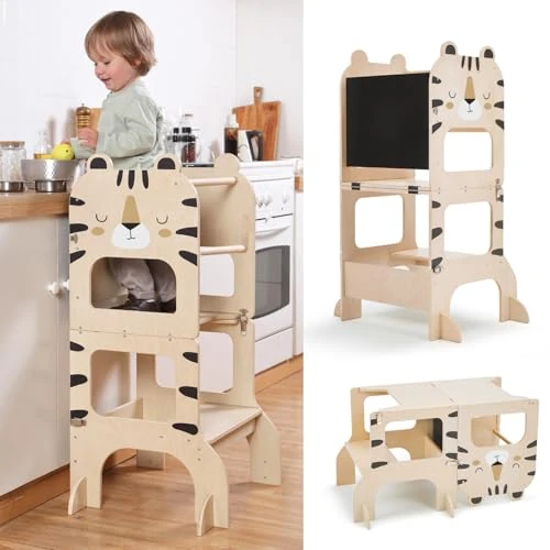 Offerta a tempo: labebe torre montessoriana bambini,multifunzionale torre montessoriana pieghevole in legno, 3 in 1 Torre di apprendimento per bambini trasformabile con lavagna-tigri - 0.00% da 99.99 € a 99.99 €