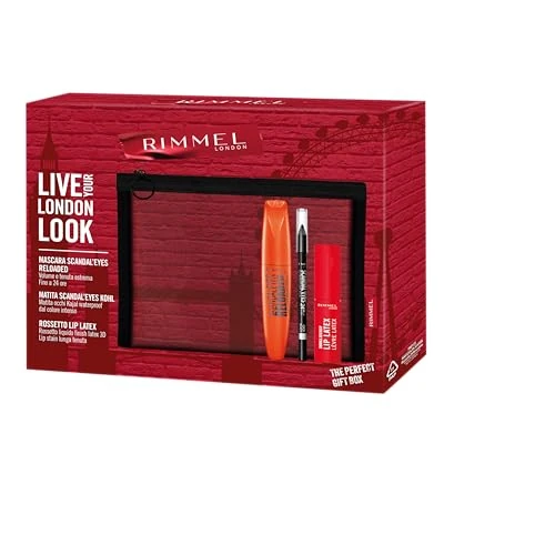 Offerta a tempo: Rimmel London Cofanetto Regalo Live Your London Look, Pochette con Mascara ScandalEyes Reloaded, Matita Occhi ScandalEyes Kohl Black Waterproof e Rossetto Liquido Thrill Seeker Lip Latex, Idea Regalo - 50% da 30.17 € a 15.19 €