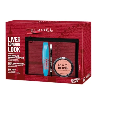 Offerta a tempo: Rimmel London Cofanetto Regalo Live Your London Look, Pochette con Mascara Scandal'Eyes Volume on Demand Waterproof, Matita Occhi Scandal'Eyes Kohl Black Waterproof e Fard Maxi Blush, Idea Regalo - 17% da 18.13 € a 15.10 €
