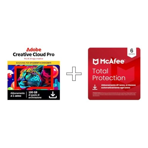 Offerta a tempo: Adobe Creative Cloud Pro | Student & McAfee Total Protection 2025 (Rinnovo automatico) | 6 Dispositivi |12 Mesi | Download digitale - 51% da 356.90 € a 174.57 €