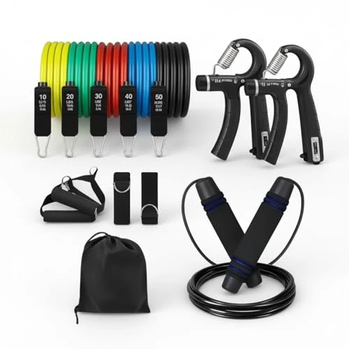 Generico Kit de fitness 3 en 1 Powercuerda de salto, bandas elásticas de resistencia y pinzas de mano para entrenamiento de fuerza, cardio, tonificación, herramientas para gimnasio, casa