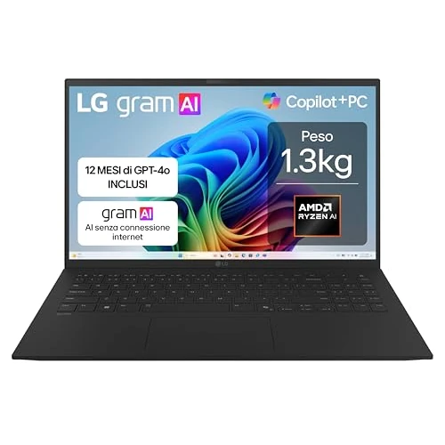 LG gram AI 15Z80T, Notebook 15.6" FHD (1920x1080), AMD Ryzen AI 7 350, 16GB RAM, 512GB SSD, Ultraleggero solo 1.3 kg, Batteria 72Wh, Windows 11 Home, Copilot, scocca in alluminio, Nero