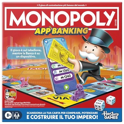 Hasbro Gaming, Monopoly App Banking, Brettspiel, ideal für Familie und Freunde, für Kinder und Mädchen ab 8 Jahren, kostenlose Bank-App, für 2-6 Spieler, auf Italienisch