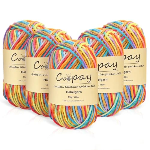 Tijdelijke aanbieding: Coopay Wol voor haken, 5 x 45 g kleurverloop haakgaren, 5 dradige wol voor breien, zacht haakgaren, meerkleurig, kleurrijk garen voor breien, haken, mooi acrylgaren voor beginners, regenboog van 17.99 EUR naar 17.99 EUR (korting 0%)