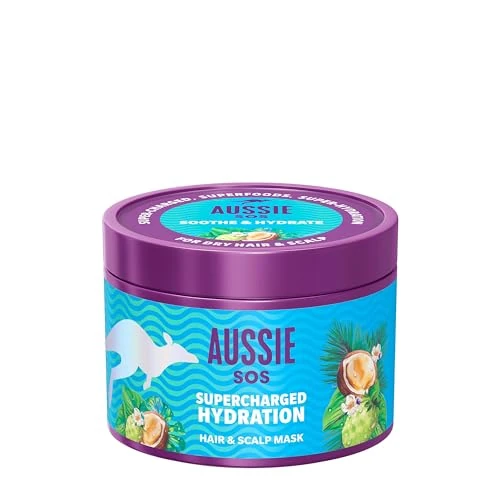 Aussie SOS Supercharged Hidration Mascarilla para el cabello y el cuero cabelludo 500 ml, para calmar el cuero cabelludo seco, hidratación para cabello extremadamente seco, 100 horas de humedad