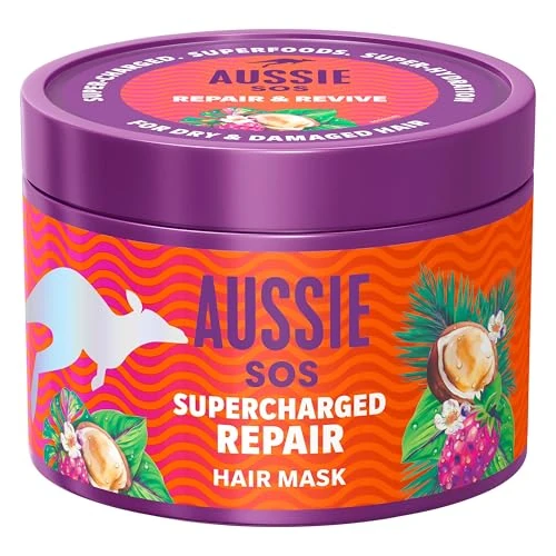Aussie SOS Supercharged Repair - Mascarilla para el cabello seco y dañado, ayuda a reparar y proteger contra daños, deja el cabello suave, liso e hidratado durante 100 horas, vegano