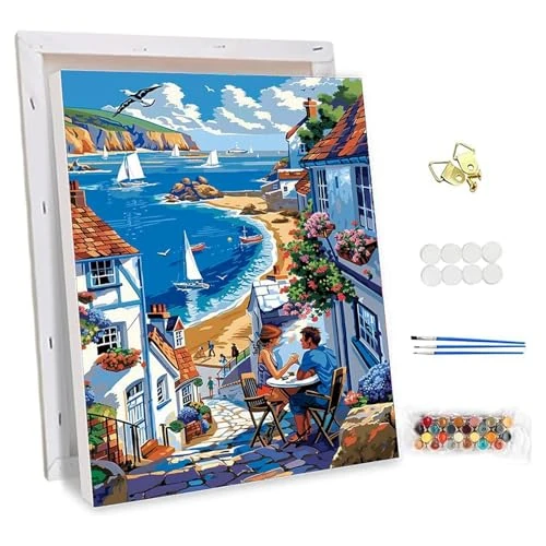 Offre limitee: NEWENMO Peinture par Numero Adulte avec Cadre,Charmant Village Balnéaire Peinture Numero,Peinture à l'huile sur Toile,Paint by Numbers,Acryliques Bricolage Peintures Kits,Décoration Maison 30x40cm de 9.99 EUR a 8.02 EUR (economie 20%)