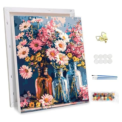NEWENMO Colorful Flowers Paint by Numbers for Adults with Frame,Flower Arrangement Paint by Numbers,DIY Oil Painting Kit,Arts and Crafts Kit Acrylic Pigment Drawing Paintwork for Home Decor,30x40cm